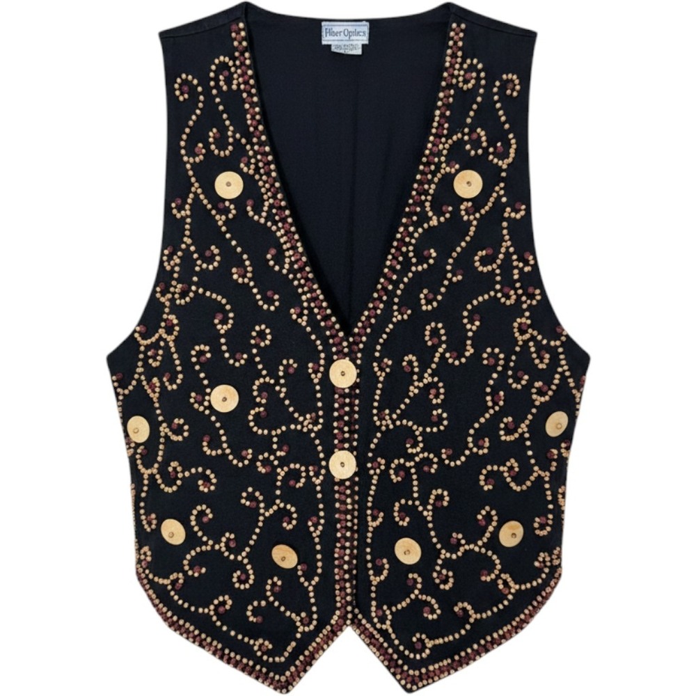 Fiber Optics Vintage Black Beaded Cotton Vest Wood Accents‎ Boho Art to Wear L